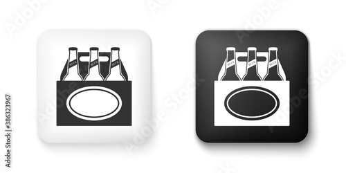 Black and white Pack of beer bottles icon isolated on white background. Case crate beer box sign. Square button. Vector.