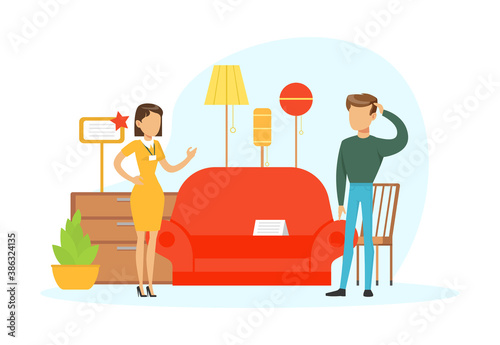 People Shopping in Furniture Store, Female Shop Assistant Helping Man to Choose Sofa Vector Illustration