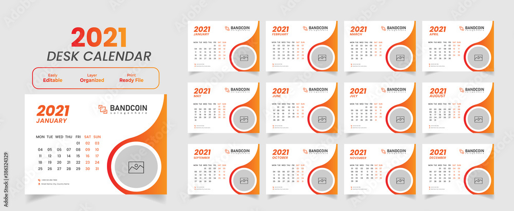 Naklejka premium Desk Calendar 2021 Vector Template File Set of 12 Months