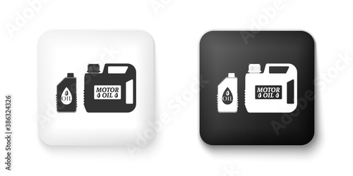 Black and white Plastic canister for motor machine oil icon isolated on white background. Oil gallon. Oil change service and repair. Engine oil sign. Square button. Vector.