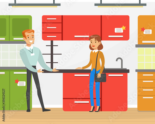 People Shopping in Furniture Store, Familyn Couple Choosing Home Kitchen Furniture Vector Illustration