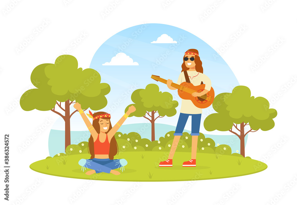 Hippie Characters on Summer Nature Landscape, Young Man Playing Guitar, Happy People Wearing Retro Clothes of the 60s and 70s Vector Illustration