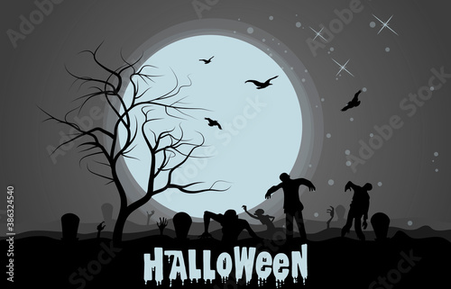 The gray moon and zombies that climb out of the coffins, out of the ground. Ravens in the sky. Vector illustration AI.