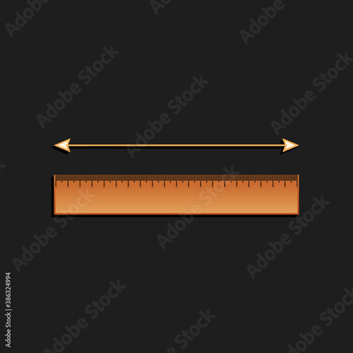 Gold The measuring height and length icon isolated on black background. Ruler, straightedge, scale symbol. Long shadow style. Vector.
