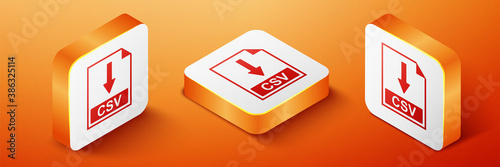 Isometric CSV file document icon. Download CSV button icon isolated on orange background. Orange square button. Vector.
