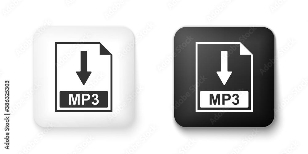 Black and white MP3 file document icon. Download MP3 button icon isolated on white background. Square button. Vector. Black and white MP3 file document icon. Download MP3 button icon isolated on white background. Square button. Vector.