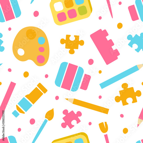 Art Supplies Seamless Pattern, Textile, Stationery, Artist Materials Wallpaper, Wrapping Paper, Background, Print Design Cartoon Vector Illustration