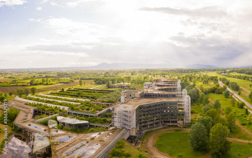 Panoramic aerial view of unfinished university hospital in Zagreb, Croatia.
