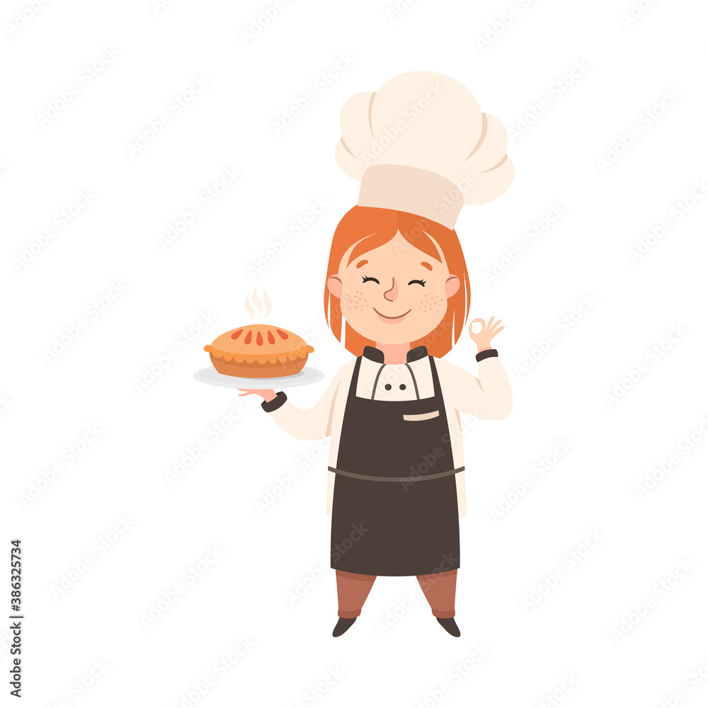 Cute Girl Chef Cook Holding Platter with Freshly Baked Pie, Kid in Chef Uniform Cooking in Kitchen Cartoon Style Vector Illustration Cute Girl Chef Cook Holding Platter with Freshly Baked Pie, Kid in Chef Uniform Cooking in Kitchen Cartoon Style Vector Illustration