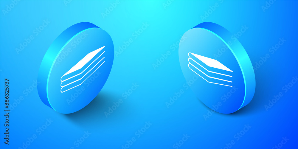 Isometric Books icon isolated on blue background. Blue circle button. Vector.