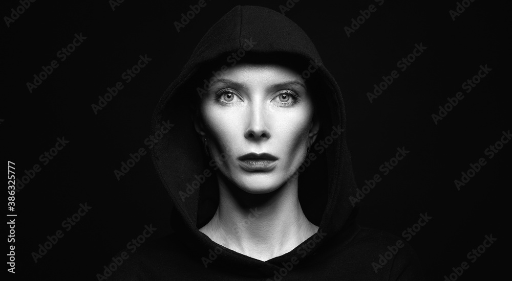 black and white portrait of Halloween Widow in hoodie