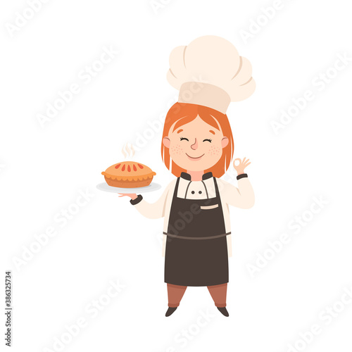 Cute Girl Chef Cook Holding Platter with Freshly Baked Pie, Kid in Chef Uniform Cooking in Kitchen Cartoon Style Vector Illustration