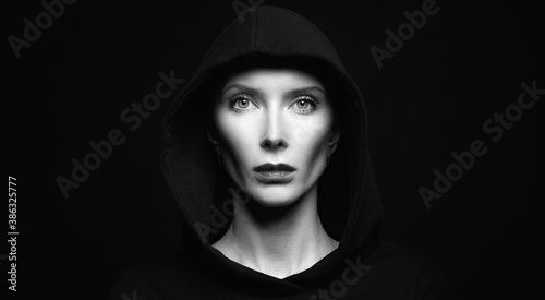 black and white portrait of Halloween Widow in hoodie
