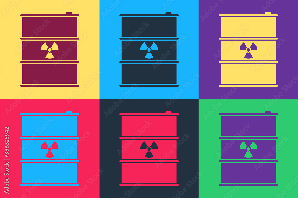 Pop art Radioactive waste in barrel icon isolated on color background. Radioactive garbage emissions, environmental pollution, danger of ecological disaster. Vector. Pop art Radioactive waste in barrel icon isolated on color background. Radioactive garbage emissions, environmental pollution, danger of ecological disaster. Vector.
