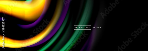 Dynamic motion abstract background. Color blurred stripes on black. Wave liquid lines poster. Vector illustration
