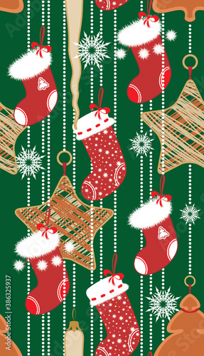 Christmas seamless pattern with socks and christmas tree decoration. Vector background for winter holidays.
