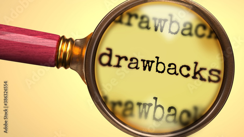 Examine and study drawbacks, showed as a magnify glass and word drawbacks to symbolize process of analyzing, exploring, learning and taking a closer look at drawbacks, 3d illustration