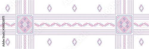 Seamless pattern based on Tai Dum tribal embroidery pattern. Pastel color stitch on white blue background. Idea for paper, cover, fabric, interior decor and other users.