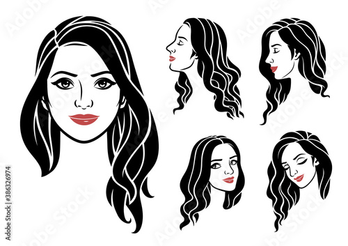Set of Beauty Woman with Long Hair Logo Illustration