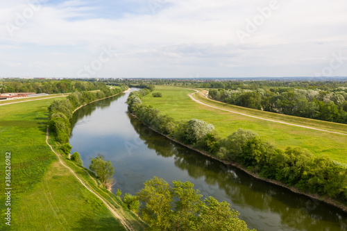 Aerial view of riparian forest along Sava river, Zagreb, Croatia.