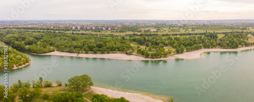 Panoramic aerial view of Jarun artificial lake, Zagreb, Croatia.