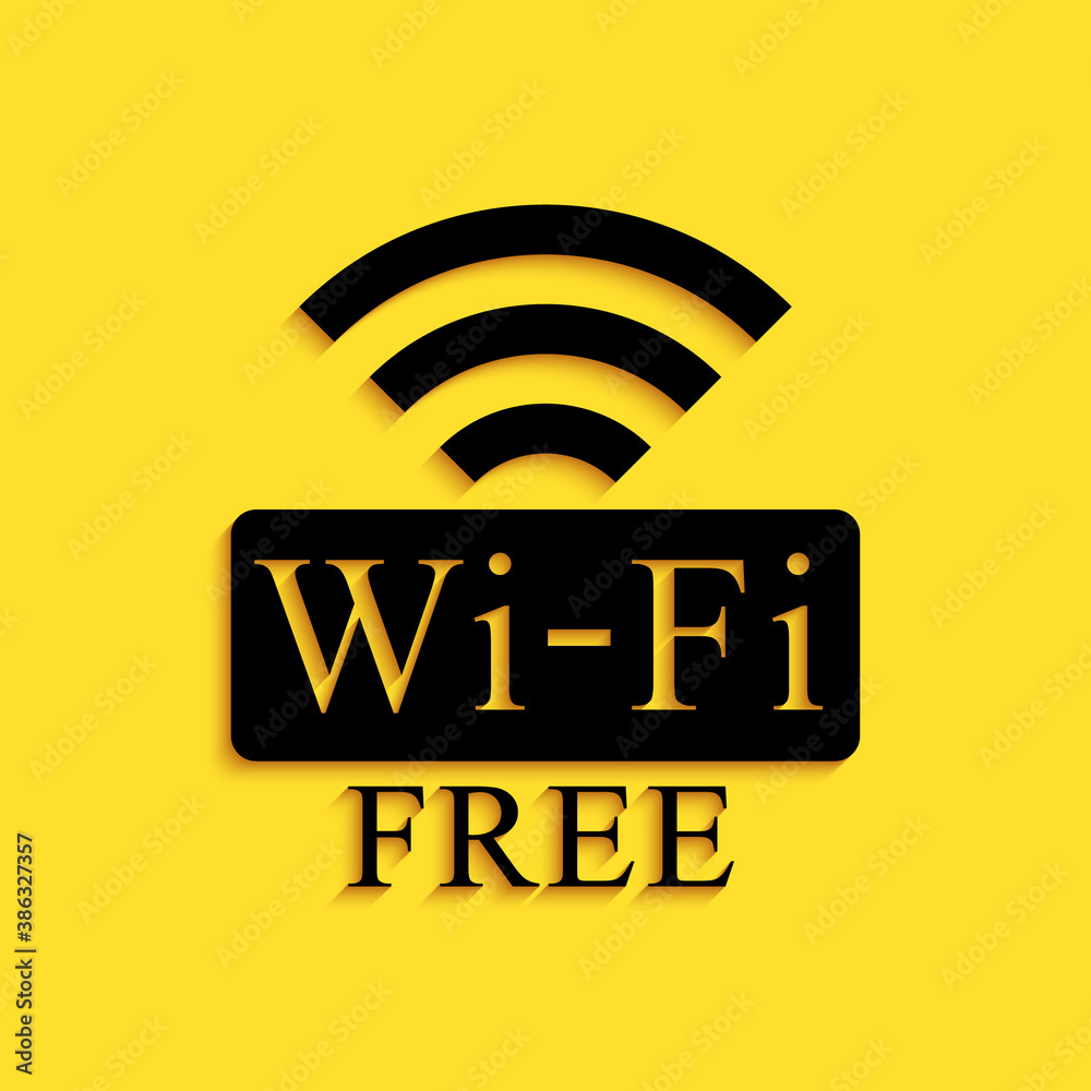 Black Free Wi-fi icon isolated on yellow background. Wi-fi symbol. Wireless Network icon. Wi-fi zone. Long shadow style. Vector. Black Free Wi-fi icon isolated on yellow background. Wi-fi symbol. Wireless Network icon. Wi-fi zone. Long shadow style. Vector.