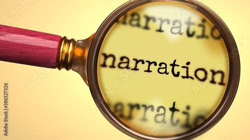 Examine and study narration, showed as a magnify glass and word narration to symbolize process of analyzing, exploring, learning and taking a closer look at narration, 3d illustration