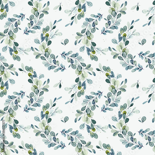 Seamless pattern. Green leaves. Watercolor hand drawn illustration