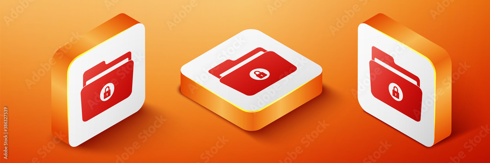 Isometric Folder and lock icon isolated on orange background. Closed folder and padlock. Security, safety, protection concept. Orange square button. Vector.