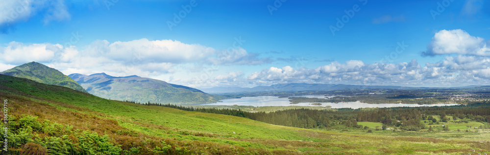 Panoramic Killarney National Park view from Mount Mangerton in summer morning Panoramic Killarney National Park view from Mount Mangerton in summer morning