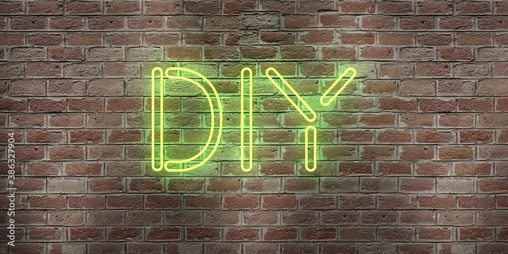Obraz premium DIY - fluorescent Neon tube Sign on brickwork - Front view. Can be used for online banner ads and direct mailers.. 3d render.