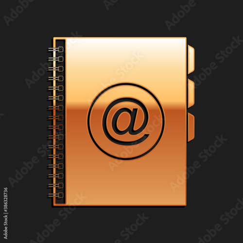 Gold Address book icon isolated on black background. Notebook, address, contact, directory, phone, telephone book icon. Long shadow style. Vector.