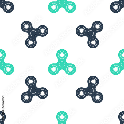Green Fidget spinner icon isolated seamless pattern on white background. Stress relieving toy. Trendy hand spinner. Vector.