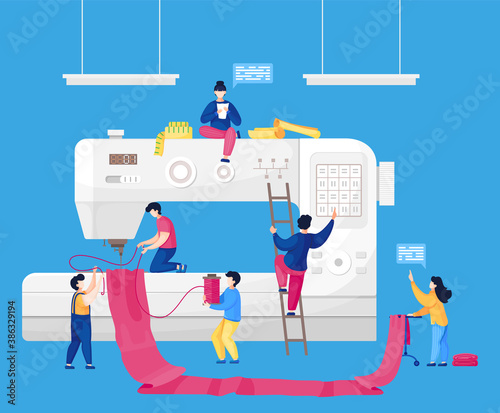 Tiny dressmakers create design and make red outfit on big sewing machine, fashion design concept, workshop workflow, creative atelier, handmade supplies, male on stairs sets up sewing machine