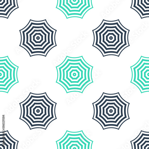 Green Sun protective umbrella fo beach icon isolated seamless pattern on white background. Large parasol for outdoor space. Summer vacation or picnic accessory. Vector.