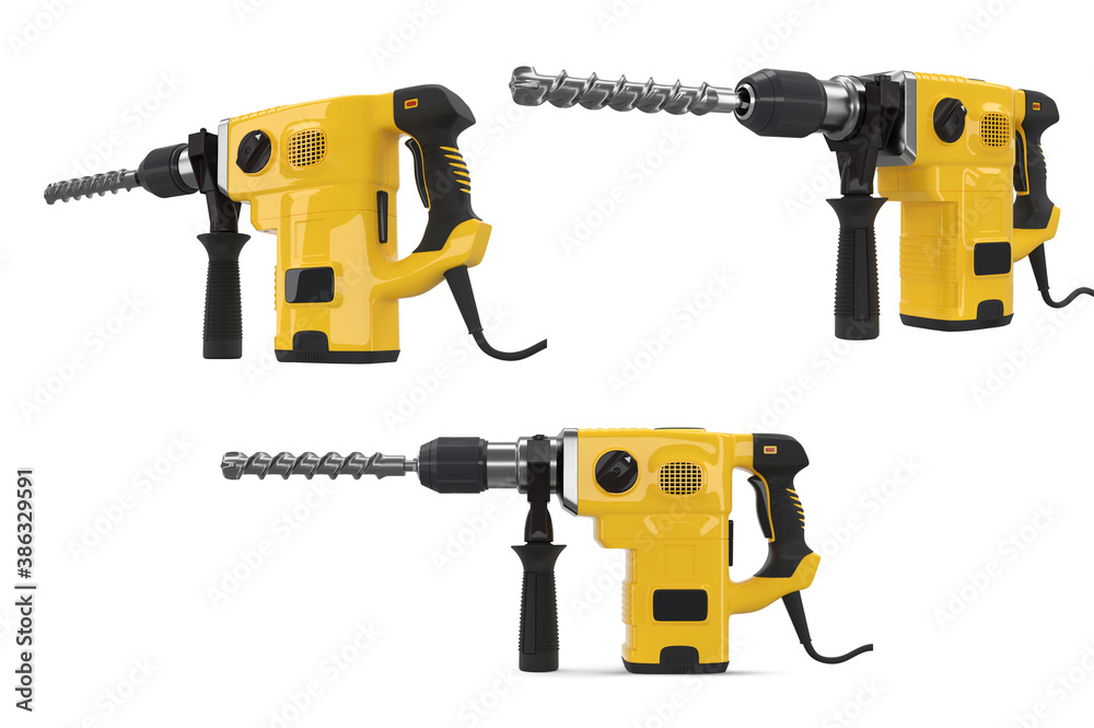 Set of electric drills with cord and attached metal bit, tool for repair