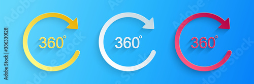 Paper cut Angle 360 degrees icon isolated on blue background. Rotation of 360 degrees. Geometry math symbol. Full rotation. Paper art style. Vector.