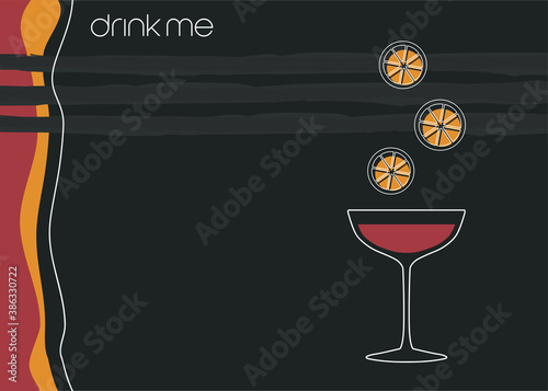 Drink me cocktail drink, orange slices doodles design, red wine mixology glassware drawing, dark backdrop