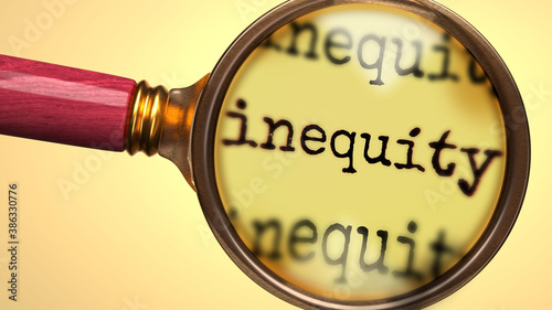 Examine and study inequity, showed as a magnify glass and word inequity to symbolize process of analyzing, exploring, learning and taking a closer look at inequity, 3d illustration