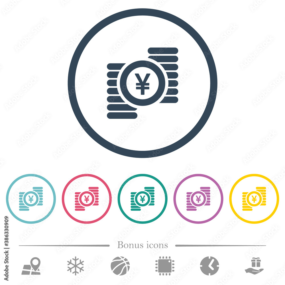 Yen coins flat color icons in round outlines