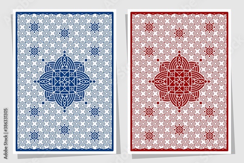 Playing card back side design. Set of two variants, blue and red.

