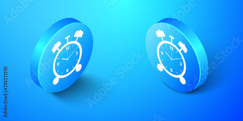 Isometric Alarm clock icon isolated on blue background. Wake up, get up concept. Time sign. Blue circle button. Vector.