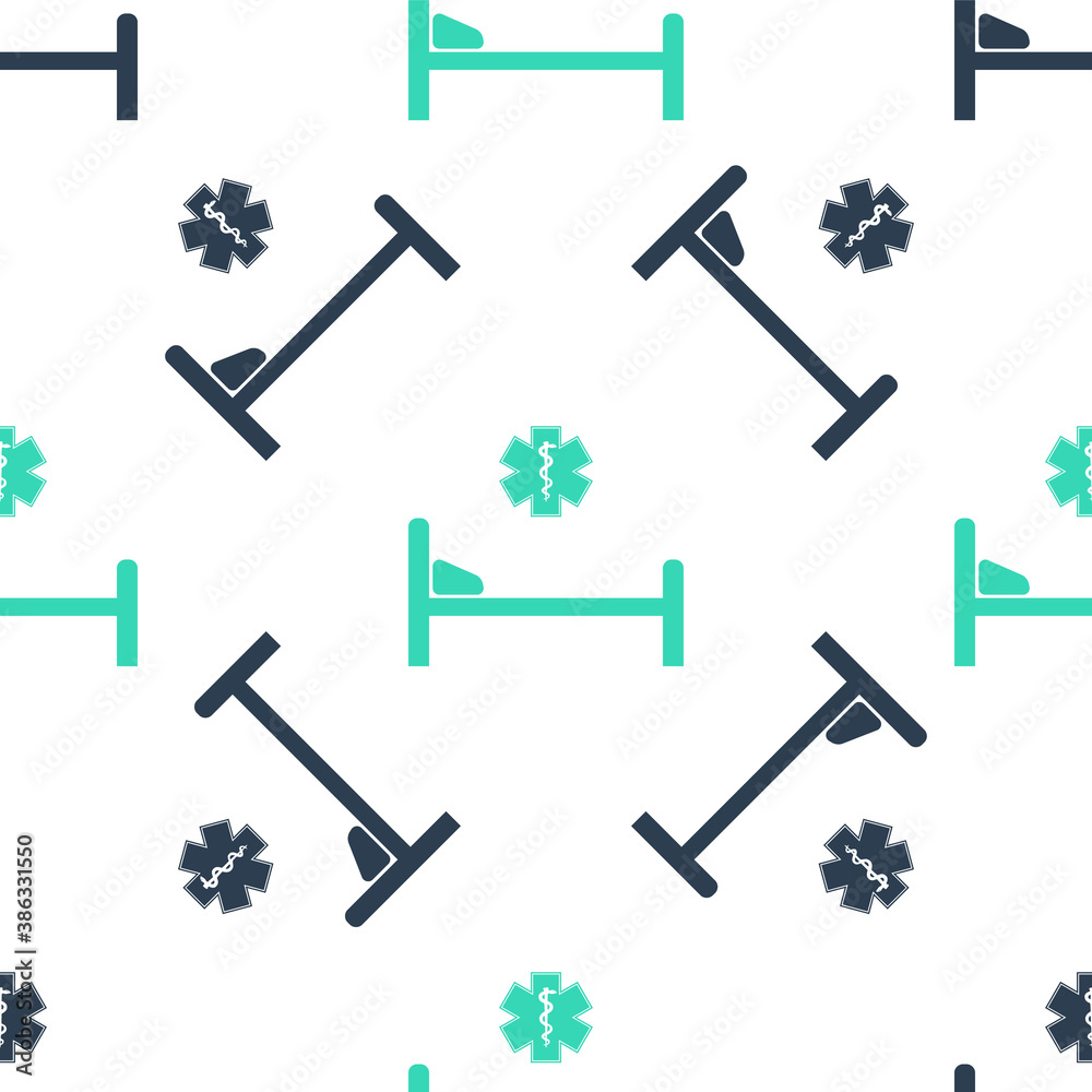 Green Hospital Bed with Medical symbol of the Emergency - Star of Life icon isolated seamless pattern on white background. Flat design. Vector. Green Hospital Bed with Medical symbol of the Emergency - Star of Life icon isolated seamless pattern on white background. Flat design. Vector.