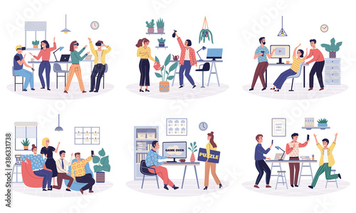 Office colleagues relaxing. Office fun in workplace. Happy employees enjoy chaos at work, clerk humor and silly behavior. Employees of company having fun at working place. Team rejoicing break at work