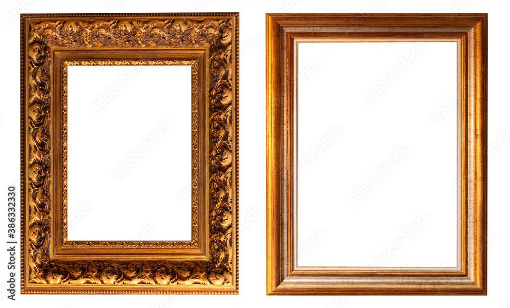 Fototapeta premium Set of gilded antique picture frames isolated on white background.