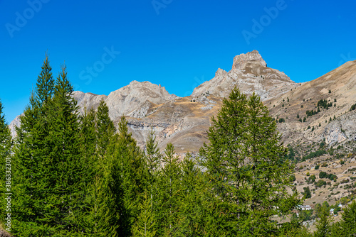 Fototapeta Naklejka Na Ścianę i Meble -  Landscape view of Col de la Cayolle pass and surrounding mountains in France