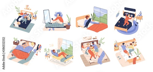 Collection of different people relax in cozy bedroom. Women, men and children lying, playing, sleeping, cuddling, reading in bed. Rest at home. Flat vector cartoon illustration isolated on white