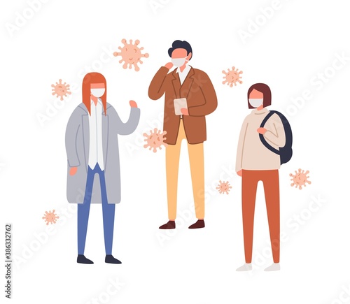 Set of people in protective mask vector flat illustration. Collection of male and female suffering from seasonal respiratory infection or environmental pollution surrounded by air bacterium isolated