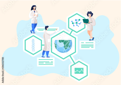 Scientist ecologists people in white coat confer, discuss environmental problems on the planet Earth. Researchers talking about global warming, pollution of the planet by emissions into the atmosphere