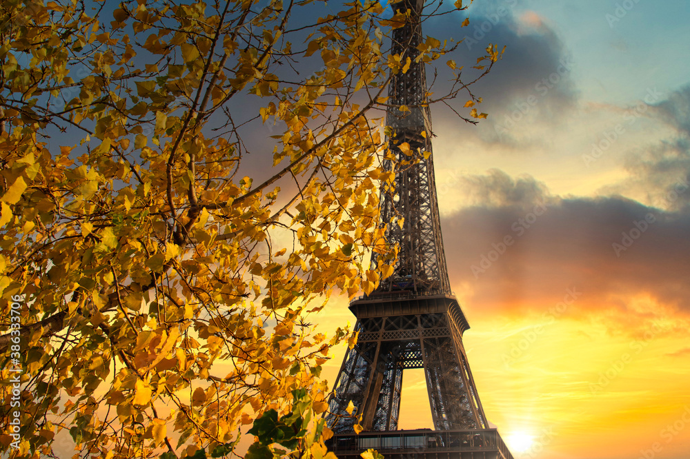 Eiffel tower at sunset in Paris, France